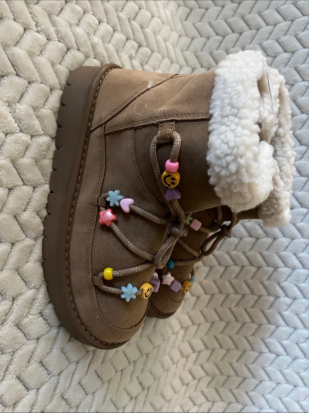 art class Brown Kids Boots with Cream Faux Shearling and Multicolor Bead Accents